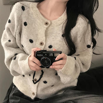casual slight stretch ribbed knit dot pattern sweaters