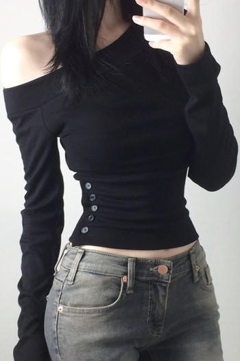 casual slight stretch one shoulder button decor top