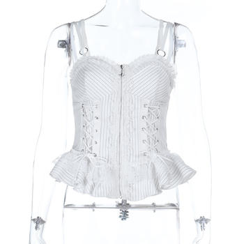 Exquisite slight stretch stripe printing lace trim tank top(no underwear)