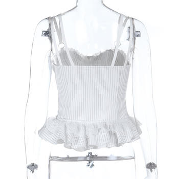 Exquisite slight stretch stripe printing lace trim tank top(no underwear)