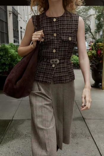 casual non-stretch lattice pattern crew neck with belt tank top(size run small)