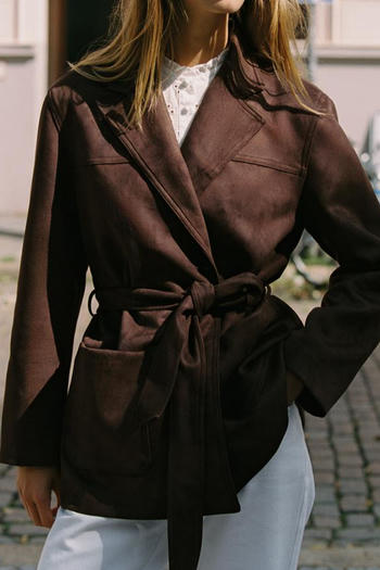 casual non-stretch solid color lapel with belt jacket(size run small)