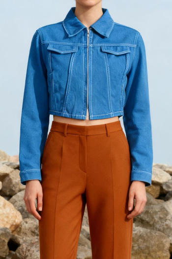 stylish non-stretch solid color high-quality slim crop denim jacket