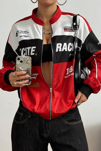 casual non-stretch contrast color letter print zip-up loose jacket