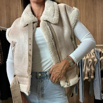 casual non-stretch suede fabric and teddy fleece splicing warm vest with belt