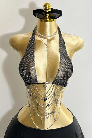 sexy non-stretch fishnet rhinestone metal chain cross pendant decor vest