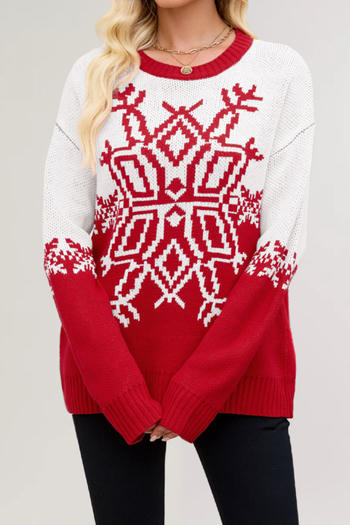 christmas new slight stretch knitted snowflake contrast color sweater
