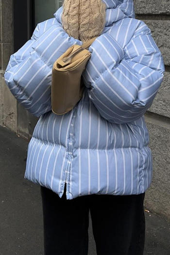 Casual non-stretch hooded stripe printing zip-up cotton jacket