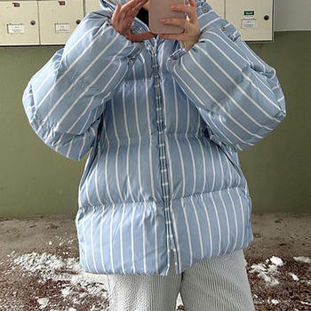 Casual non-stretch hooded stripe printing zip-up cotton jacket