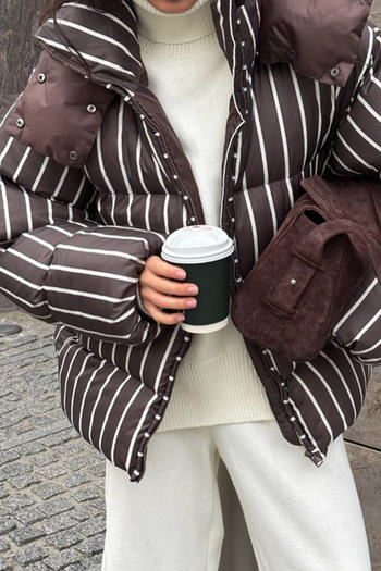 Casual non-stretch hooded stripe printing zip-up cotton jacket