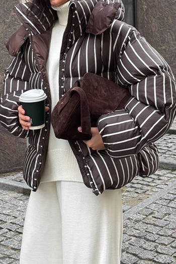 Casual non-stretch hooded stripe printing zip-up cotton jacket