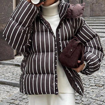 Casual non-stretch hooded stripe printing zip-up cotton jacket