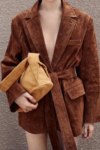 casual non-stretch solid color suit collar with belt jacket