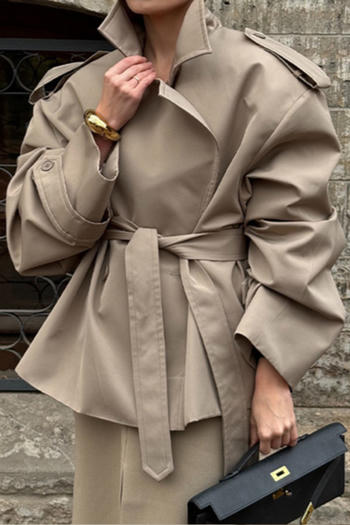 casual non-stretch lapel solid color with lace-up belt jacket