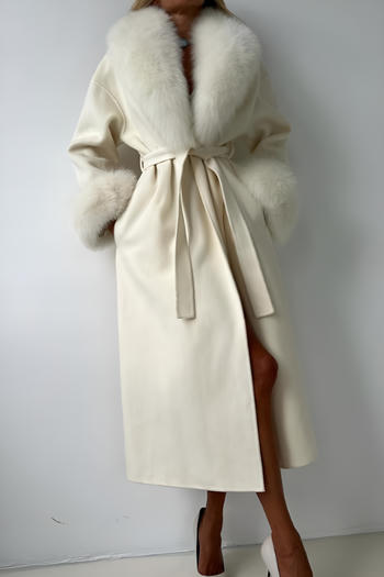 casual non-stretch fur collar long woolen coat with belt
