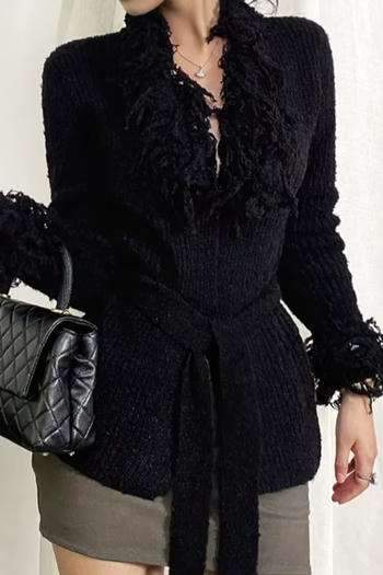 casual slight stretch solid color knitted tassel cardigan sweater with belt