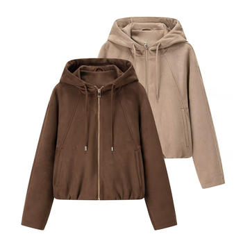 casual non-stretch solid color suede hooded zip-up outerwear