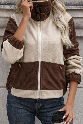 casual non-stretch polar fleece contrast color lapel zip-up jacket
