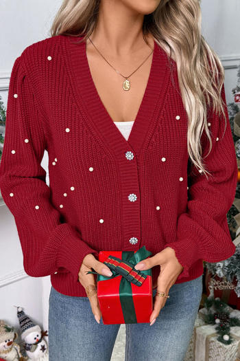 casual slight stretch ribbed knit pearl decor v-neck sweaters