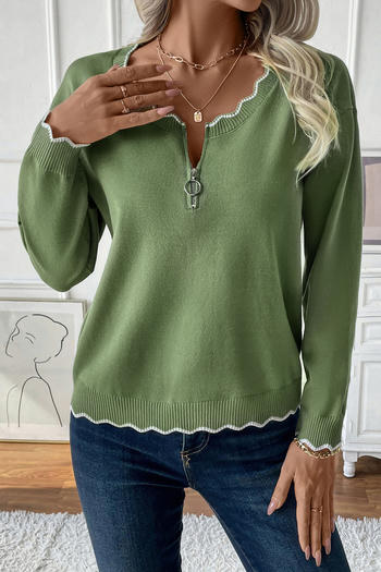 casual slight stretch wave edge zip-up sweaters