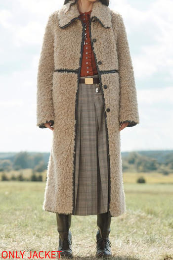 casual non-stretch contrast color lapel teddy fleece long jacket