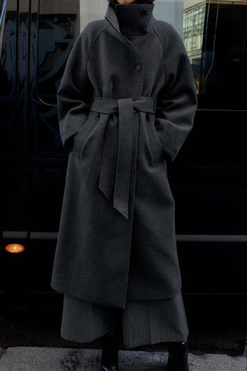 casual non-stretch tweed solid color stand collar long jacket