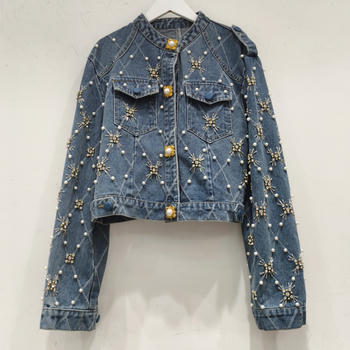 casual non-stretch denim crew neck rhinestone pearl decor jacket