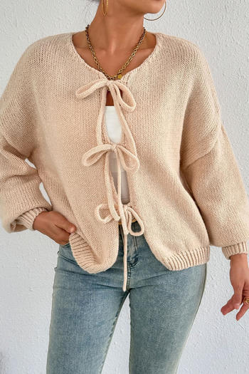 casual slight stretch 11-colors solid color lace-up knitted cardigan