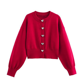 casual slight stretch ribbed knit heart button sweaters