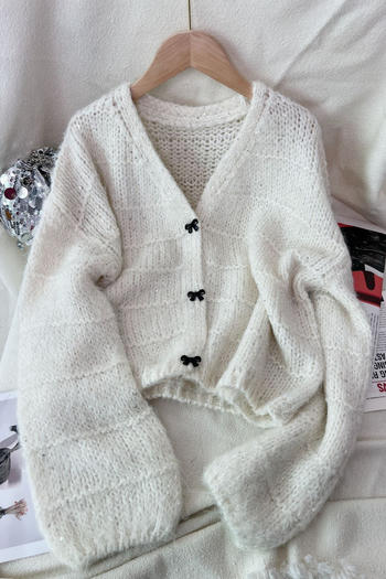 casual slight stretch bow button sequins decor knitted loose cardigan