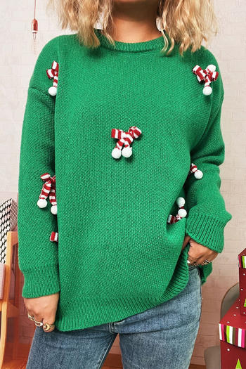 christmas new slight stretch striped bow decor knitted sweater