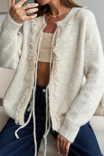 casual slight stretch lace splicing lace-up knitted cardigan