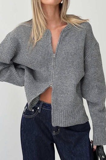 casual slight stretch ribbed knit solid color crew neck zip-up sweaters