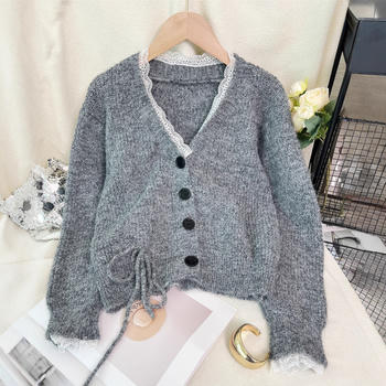 casual slight stretch lace splicing single-breasted knitted cardigan
