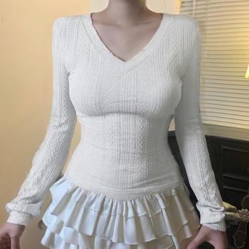 casual slight stretch solid color slim jacquard long-sleeved t-shirt