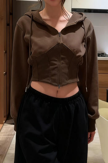 casual slight stretch patchwork slim fit zip-up hooded cropped sweatshirt