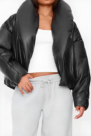 stylish non-stretch pu leather long sleeve all-match puffer jacket
