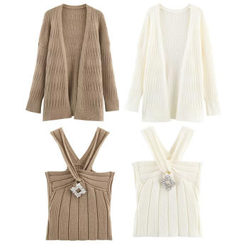 casual slight stretch ribbed knit rhinestone decor two-piece top