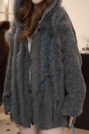 casual slight stretch ribbed knit hooded lace-up decor sweaters