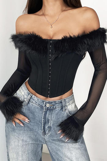 sexy slight stretch off-shoulder tight mesh fuzzy decor top with rubber bone