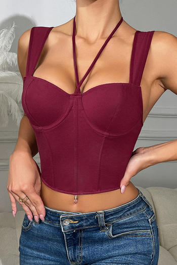 casual slight stretch solid color tight sling crop vest with rubber bone