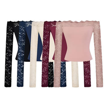 exquisite slight stretch lace trim off shoulder top(size run small)