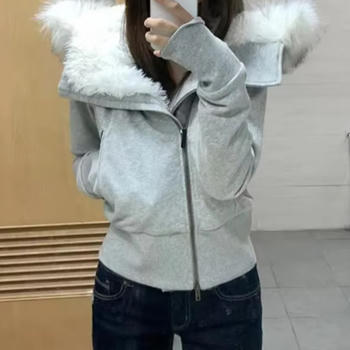 casual slight stretch hooded plush warm jacket(size run small)