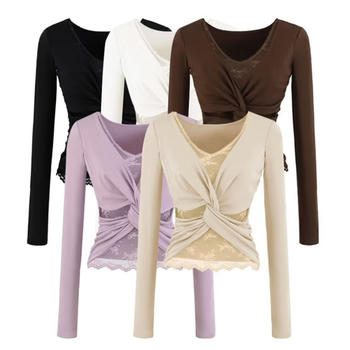 exquisite slight stretch stitching lace v-neck kink top(size run small)