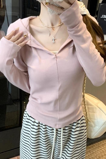 casual slight stretch solid color zip-up hooded jacket(size run small)