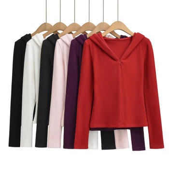 Casual slight stretch solid color zip-up hooded jacket(size run small)