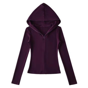 Casual slight stretch solid color zip-up hooded jacket(size run small)