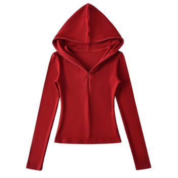 Casual slight stretch solid color zip-up hooded jacket(size run small)