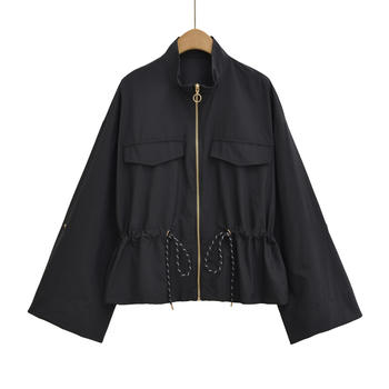 Casual non-stretch 3 colors crew neck zip-up drawstring jacket(size run small)