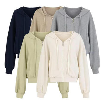 casual slight stretch drawstring hooded zip-up jacket(size run small)
